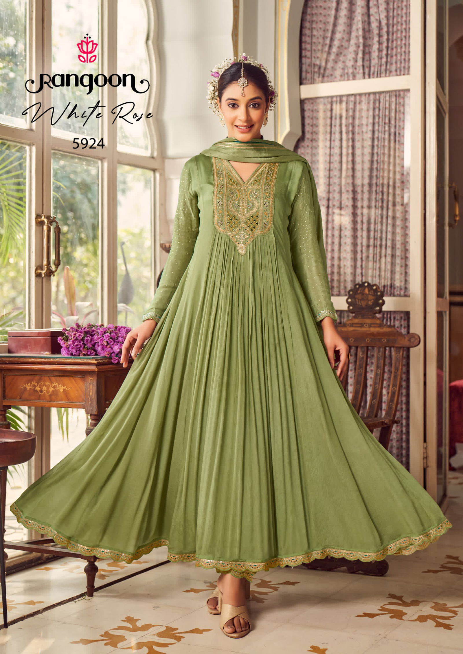 Whiterose By Rangoon Chinon Kurti Bottom With Dupatta Wholesale In India